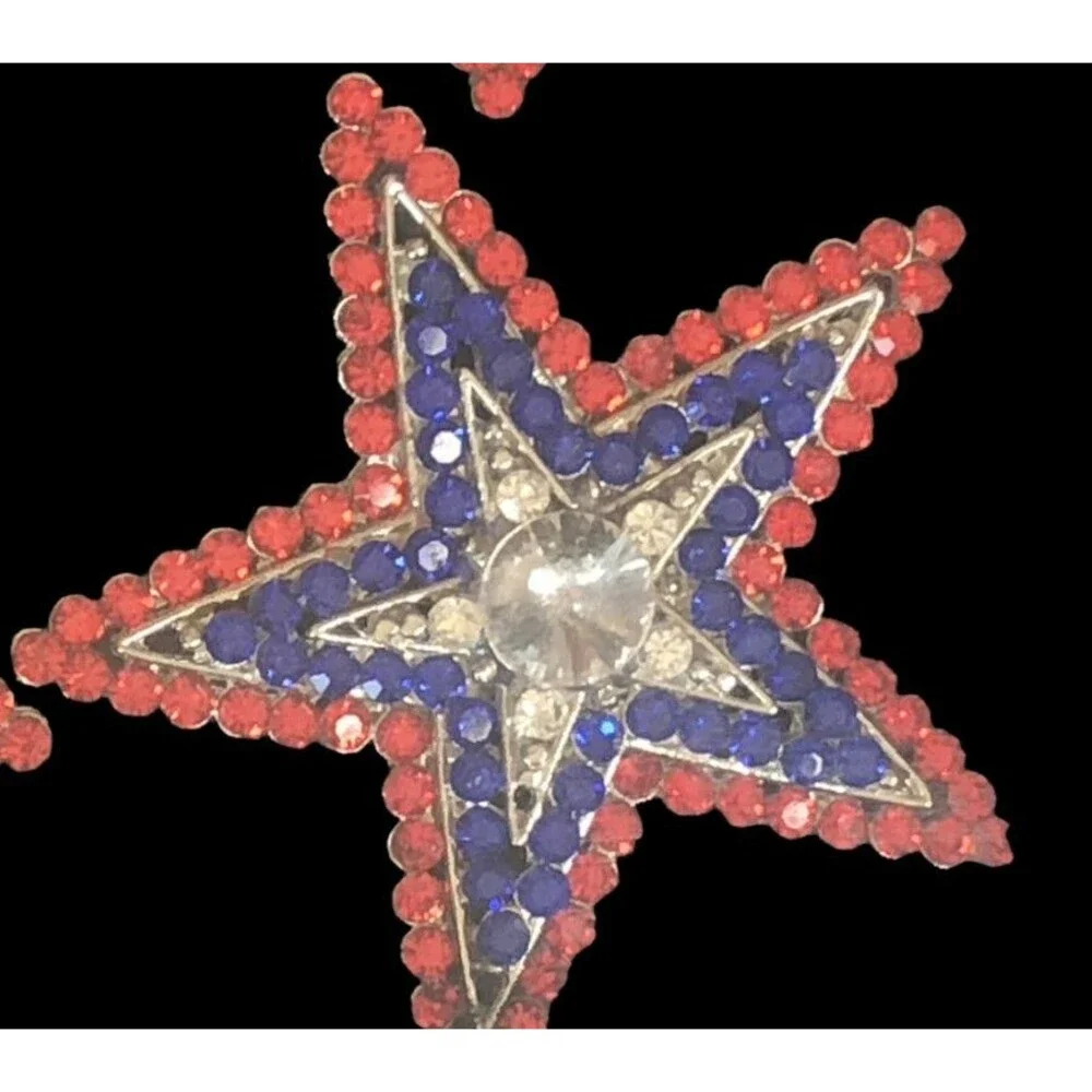 Patriotic July 4th Napkin Rings Red White Blue Silver Star Rhinestone Set of 4